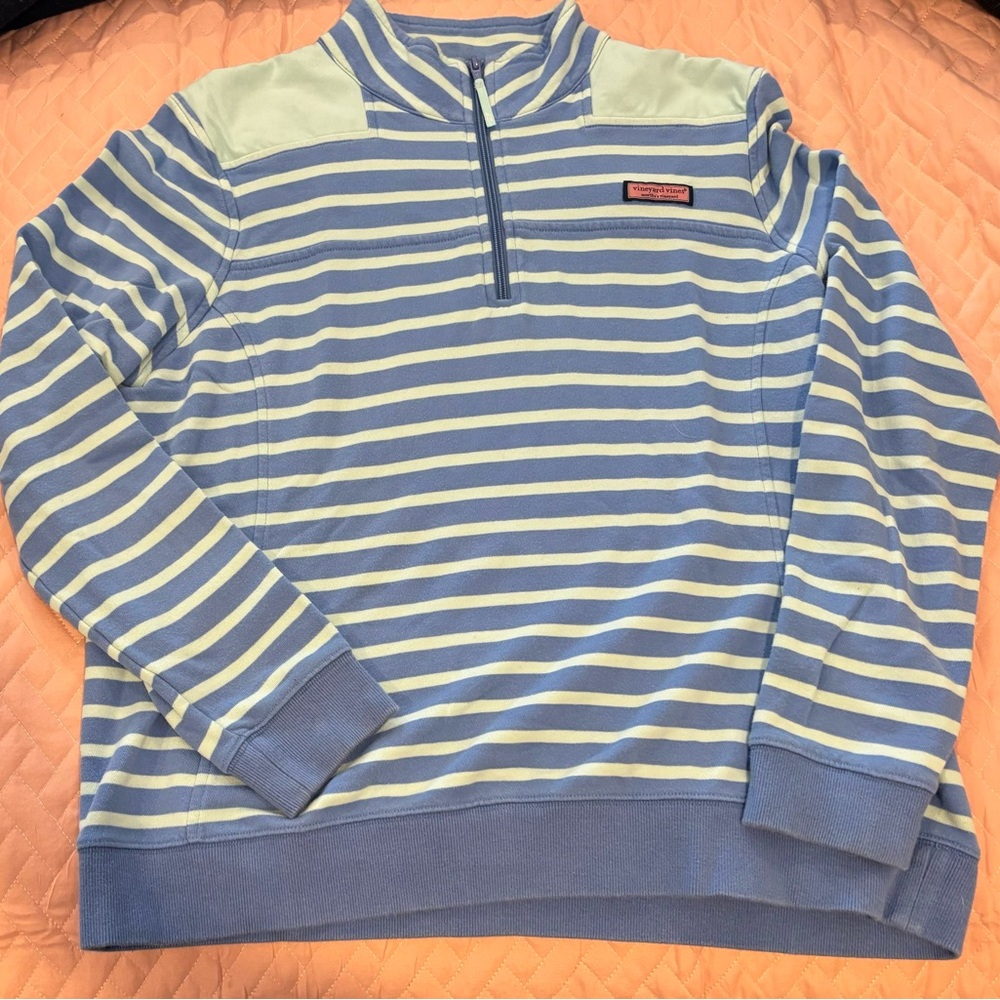 Vineyard Vines Striped Blue and White 1/4 Zip Sweater